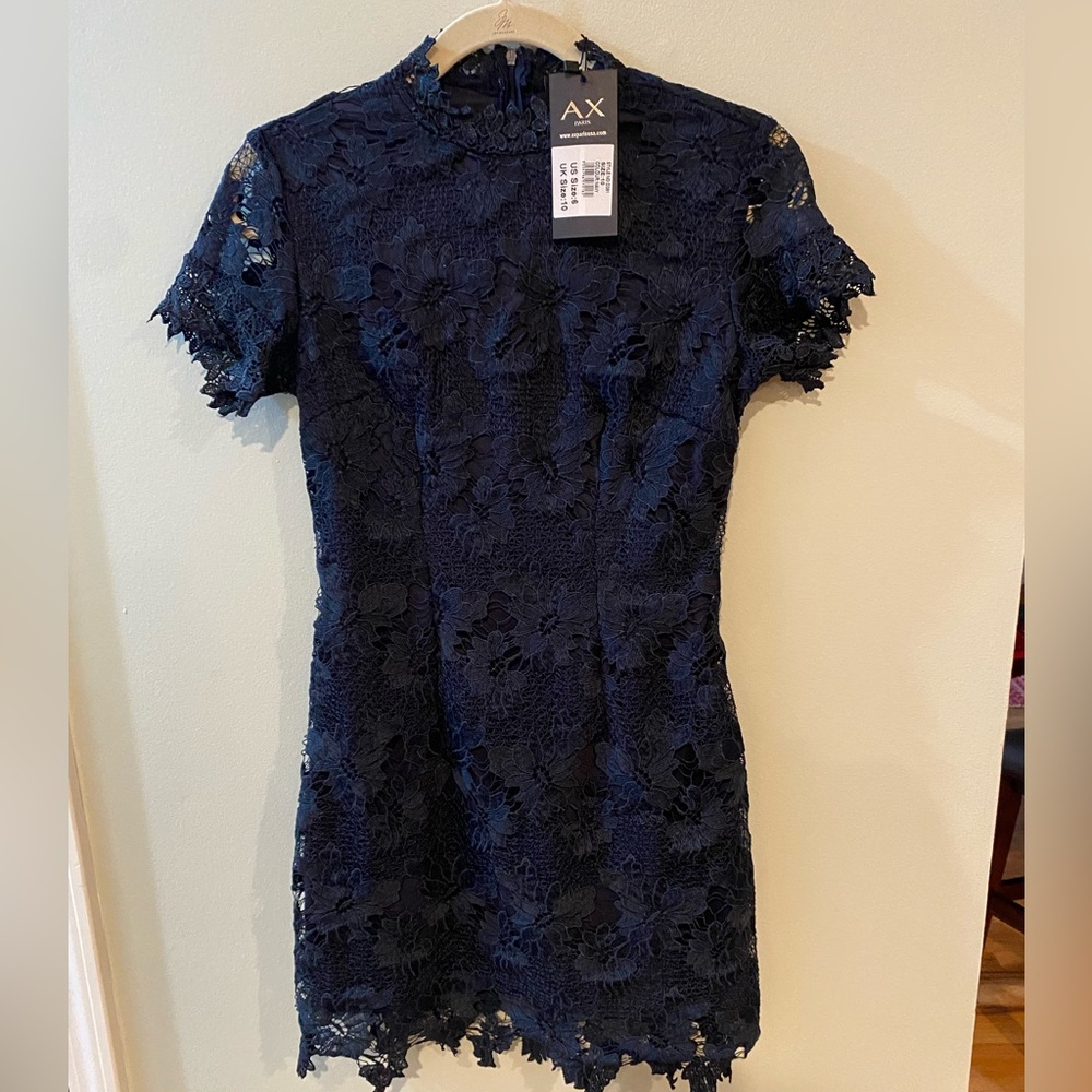AX Paris Navy Blue Lace Dress Size 6 NEW with TAGS High Necked Lace
